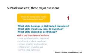 SDN asks (at least) three major questions
Where the control plane resides
“Distributed vs Centralized” ?
• What state belongs in distributed protocols?
• What state must stay local to switches?
• What state should be centralized?
•What are the effects of each on:
- state synchronization overhead
- total control plane overhead
- system stability and resiliency
- efficiency in resource use
- control loop tightness
Source: E. Crabbe, slides-85-sdnrg-7.pdf
1
 