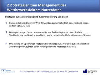 2.2 Strategien zum Management des
 Wettbewerbsfaktors Nutzerdaten
Strategien zur Strukturierung und Zusammenführung von Daten

 Problemstellung: Daten im Web 2.0 werden gemeinschaftlich generiert und liegen
  verteilt vor (Stoffel 2009)

 Lösungsstrategie: Einsatz von semantischen Technologien zur maschinellen
  Strukturierung und Analyse von Daten sowie zur wirtschaftlichen Zusammenführung


 Umsetzung im Open Graph Protocol: Modifizierte RDFa-Variante zur semantischen
  Zuordnung von Objekten durch nutzergenerierte Metatags (Radfar 2011)




             M. A. Laura Dorfer – DGI-Konferenz 2012, 22.-23. März 2012, Düsseldorf
 