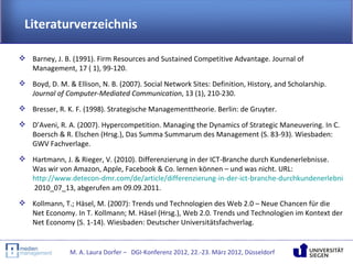 Literaturverzeichnis

 Barney, J. B. (1991). Firm Resources and Sustained Competitive Advantage. Journal of
  Management, 17 ( 1), 99-120.
 Boyd, D. M. & Ellison, N. B. (2007). Social Network Sites: Definition, History, and Scholarship.
  Journal of Computer-Mediated Communication, 13 (1), 210-230.
 Bresser, R. K. F. (1998). Strategische Managementtheorie. Berlin: de Gruyter.

 D’Aveni, R. A. (2007). Hypercompetition. Managing the Dynamics of Strategic Maneuvering. In C.
  Boersch & R. Elschen (Hrsg.), Das Summa Summarum des Management (S. 83-93). Wiesbaden:
  GWV Fachverlage.
 Hartmann, J. & Rieger, V. (2010). Differenzierung in der ICT-Branche durch Kundenerlebnisse.
  Was wir von Amazon, Apple, Facebook & Co. lernen können – und was nicht. URL:
  http://www.detecon-dmr.com/de/article/differenzierung-in-der-ict-branche-durchkundenerlebnisse
  2010_07_13, abgerufen am 09.09.2011.
 Kollmann, T.; Häsel, M. (2007): Trends und Technologien des Web 2.0 – Neue Chancen für die
  Net Economy. In T. Kollmann; M. Häsel (Hrsg.), Web 2.0. Trends und Technologien im Kontext der
  Net Economy (S. 1-14). Wiesbaden: Deutscher Universitätsfachverlag.


                M. A. Laura Dorfer – DGI-Konferenz 2012, 22.-23. März 2012, Düsseldorf
 