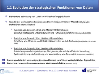 1.1 Evolution der strategischen Funktionen von Daten

 Elementare Bedeutung von Daten in Wertschöpfungsprozessen

 Wandel der strategischen Funktion von Daten mit zunehmender Mediatisierung von
  marktlichen Transaktionen

     • Funktion von Daten in „Brick and Mortar“-Unternehmen:
       Basis für strategische Entscheidungen und Führungsmaßnahmen (Spitta & Bick 2010)

     • Funktion von Daten in Web 1.0-Geschäftsmodellen:
       Schaffung von Effizienz- und Effektivitätsvorteilen via IuK-Technologien (Weiber; McLachlan
        2000)


     • Funktion von Daten in Web 2.0-Geschäftsmodellen:
       Entstehung von datengetriebenen Plattformen, die auf die effiziente Sammlung,
       Systematisierung, Aufbereitung und Vermarktung von Daten zielen (Kollmann; Häsel 2007)

 Daten wandeln sich vom unterstützenden Element zum Träger wirtschaftlicher Transaktion
 Daten bzw. Informationen werden zum Wettbewerbsfaktor (Kollmann 2011)


                M. A. Laura Dorfer – DGI-Konferenz 2012, 22.-23. März 2012, Düsseldorf
 