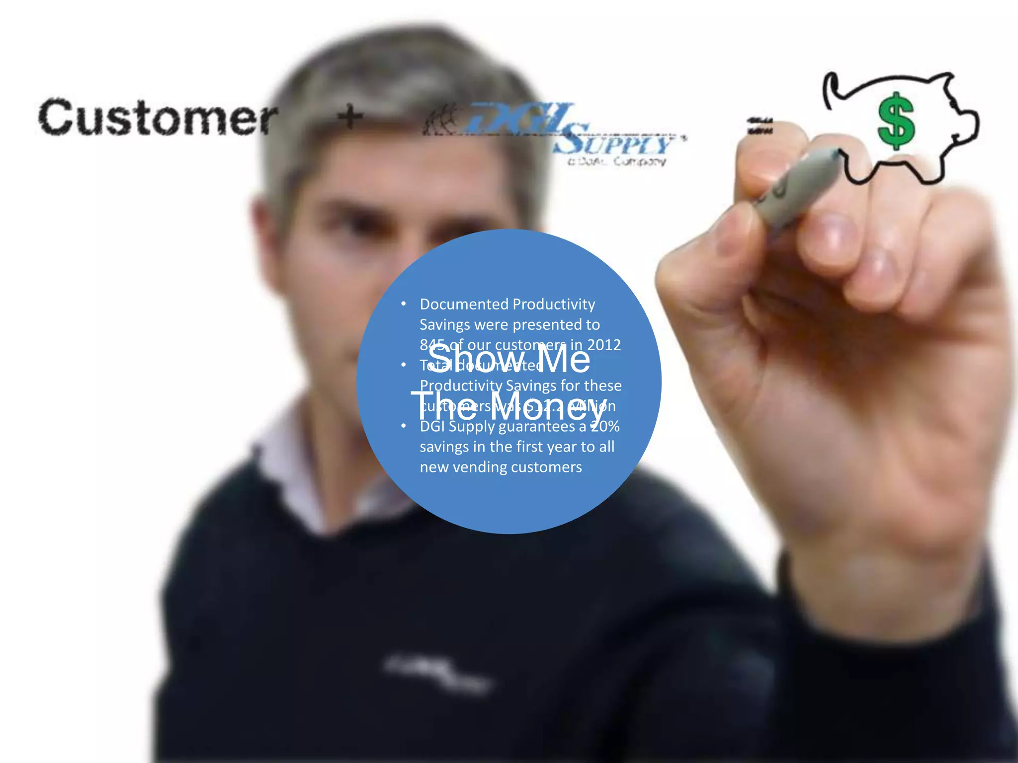 • Documented Productivity
  Savings were presented to
  845 of our customers in 2012
  Show Me
• Total documented
  Productivity Savings for these
 The Money
  customers was $12.2 Million
• DGI Supply guarantees a 20%
  savings in the first year to all
  new vending customers
 