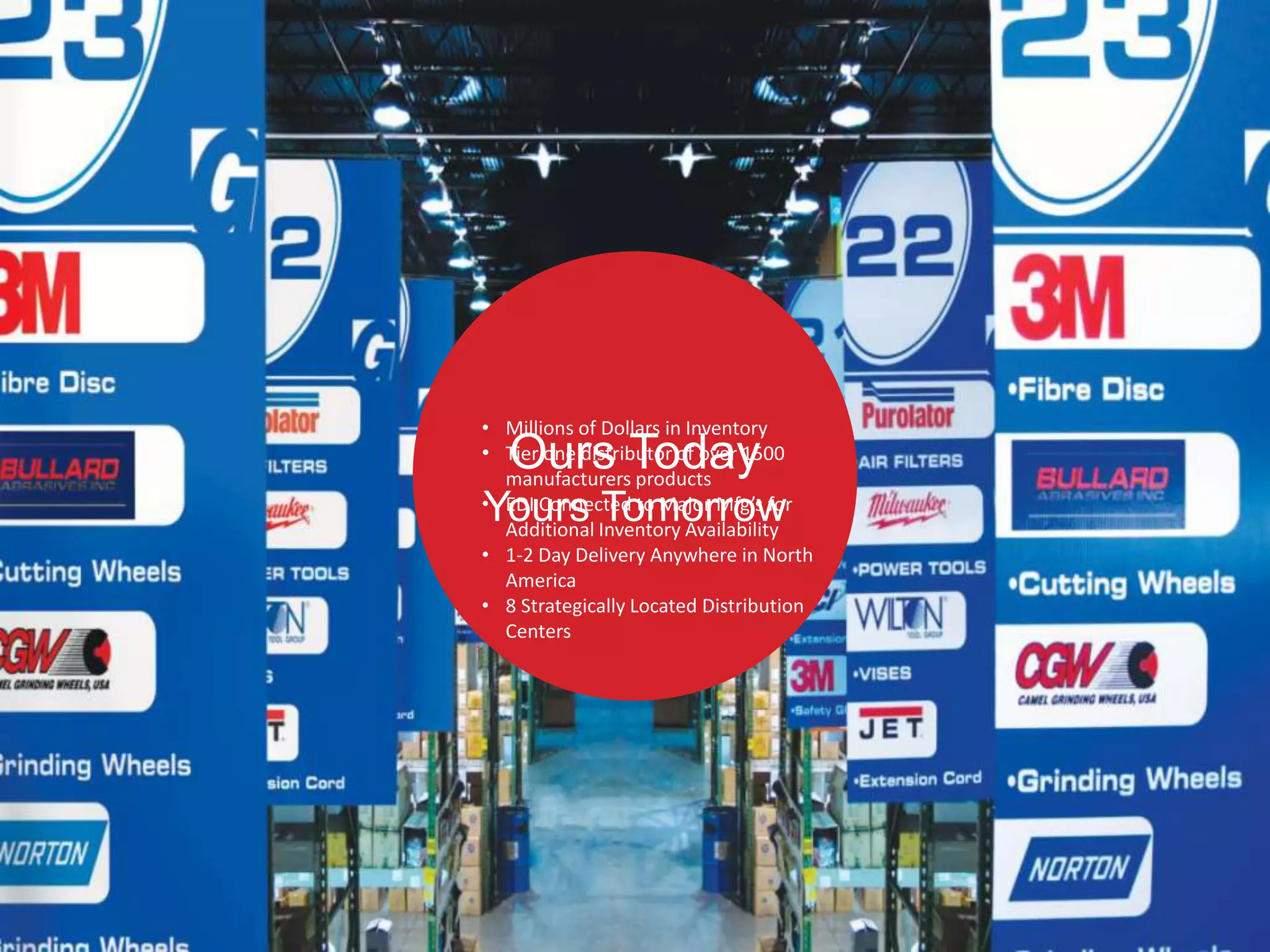 • Millions of Dollars in Inventory
   Ours Today
• Tier one distributor of over 1500
  manufacturers products
Yours Tomorrow
• EDI Connected to Major Mfg’s for
  Additional Inventory Availability
• 1-2 Day Delivery Anywhere in North
  America
• 8 Strategically Located Distribution
  Centers
 
