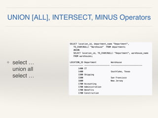 UNION [ALL], INTERSECT, MINUS Operators
❖ select … 
union all 
select …
 