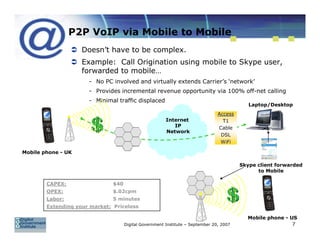 P2P VoIP via Mobile to Mobile
                    Doesn’t have to be complex.
                    Example: Call Origination using mobile to Skype user,
                    forwarded to mobile…
                      - No PC involved and virtually extends Carrier’s ‘network’
                      - Provides incremental revenue opportunity via 100% off-net calling
                      - Minimal traffic displaced
                                                                                            Laptop/Desktop
                                                                                Access
                                                        Internet                  T1
                                                           IP                   Cable
                                                        Network
                                                                                 DSL
                                                                                 WiFi

Mobile phone - UK

                                                                                         Skype client forwarded
                                                                                               to Mobile

        CAPEX:                 $40
        OPEX:                  $.02cpm
        Labor:                 5 minutes
        Extending your market: Priceless

                                                                                           Mobile phone - US
                                     Digital Government Institute – September 20, 2007                     7
 