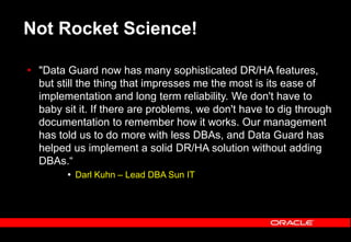 Not Rocket Science!
 "Data Guard now has many sophisticated DR/HA features,
but still the thing that impresses me the most is its ease of
implementation and long term reliability. We don't have to
baby sit it. If there are problems, we don't have to dig through
documentation to remember how it works. Our management
has told us to do more with less DBAs, and Data Guard has
helped us implement a solid DR/HA solution without adding
DBAs.“
 Darl Kuhn – Lead DBA Sun IT
 