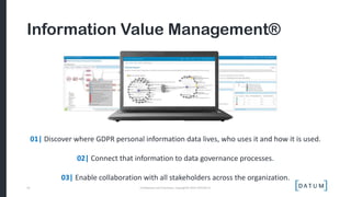 18
Information Value Management®
01| Discover where GDPR personal information data lives, who uses it and how it is used.
...