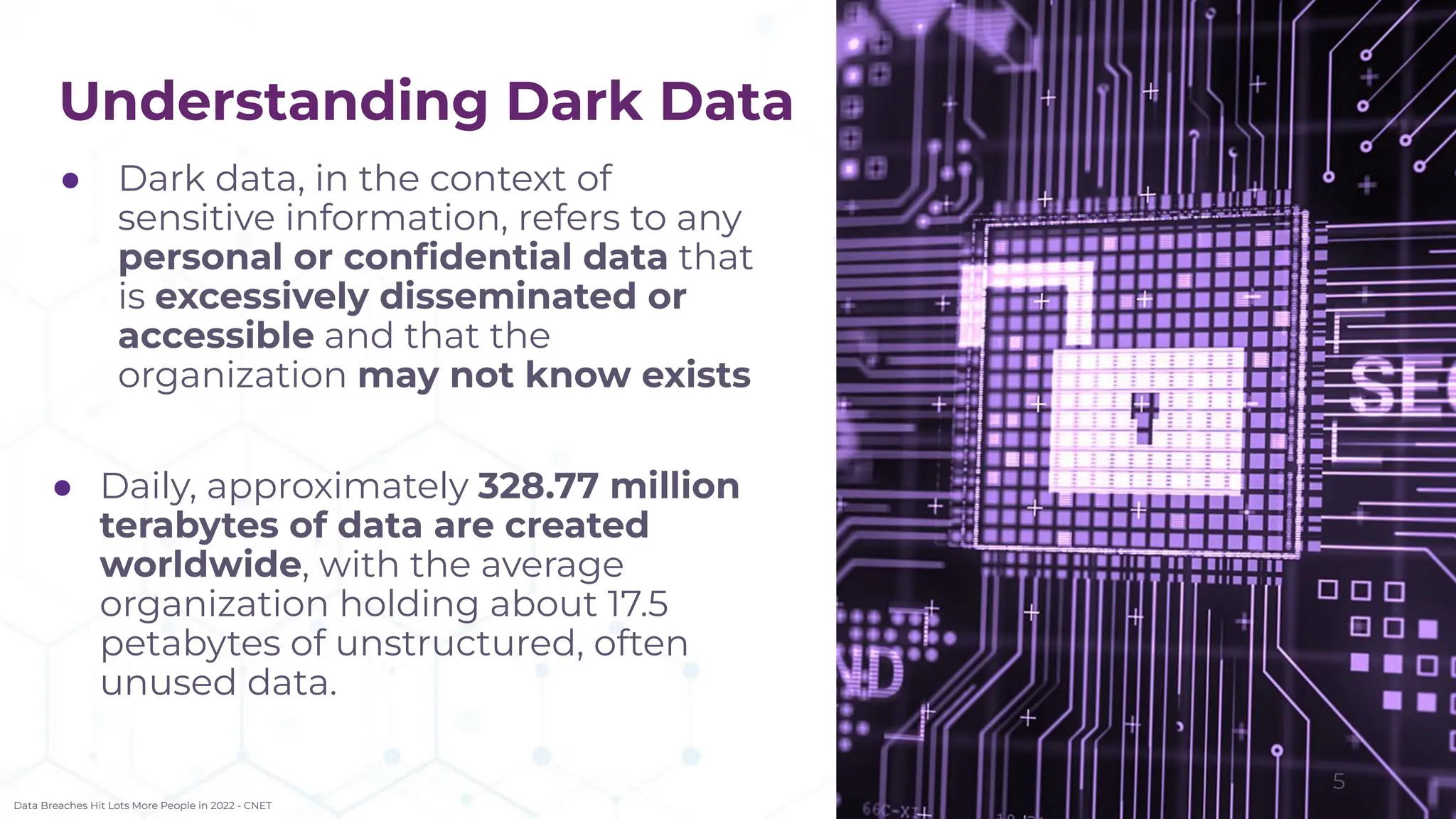 Understanding Dark Data
● Dark data, in the context of
sensitive information, refers to any
personal or conﬁdential data that
is excessively disseminated or
accessible and that the
organization may not know exists
● Daily, approximately 328.77 million
terabytes of data are created
worldwide, with the average
organization holding about 17.5
petabytes of unstructured, often
unused data.
Data Breaches Hit Lots More People in 2022 - CNET
5
 