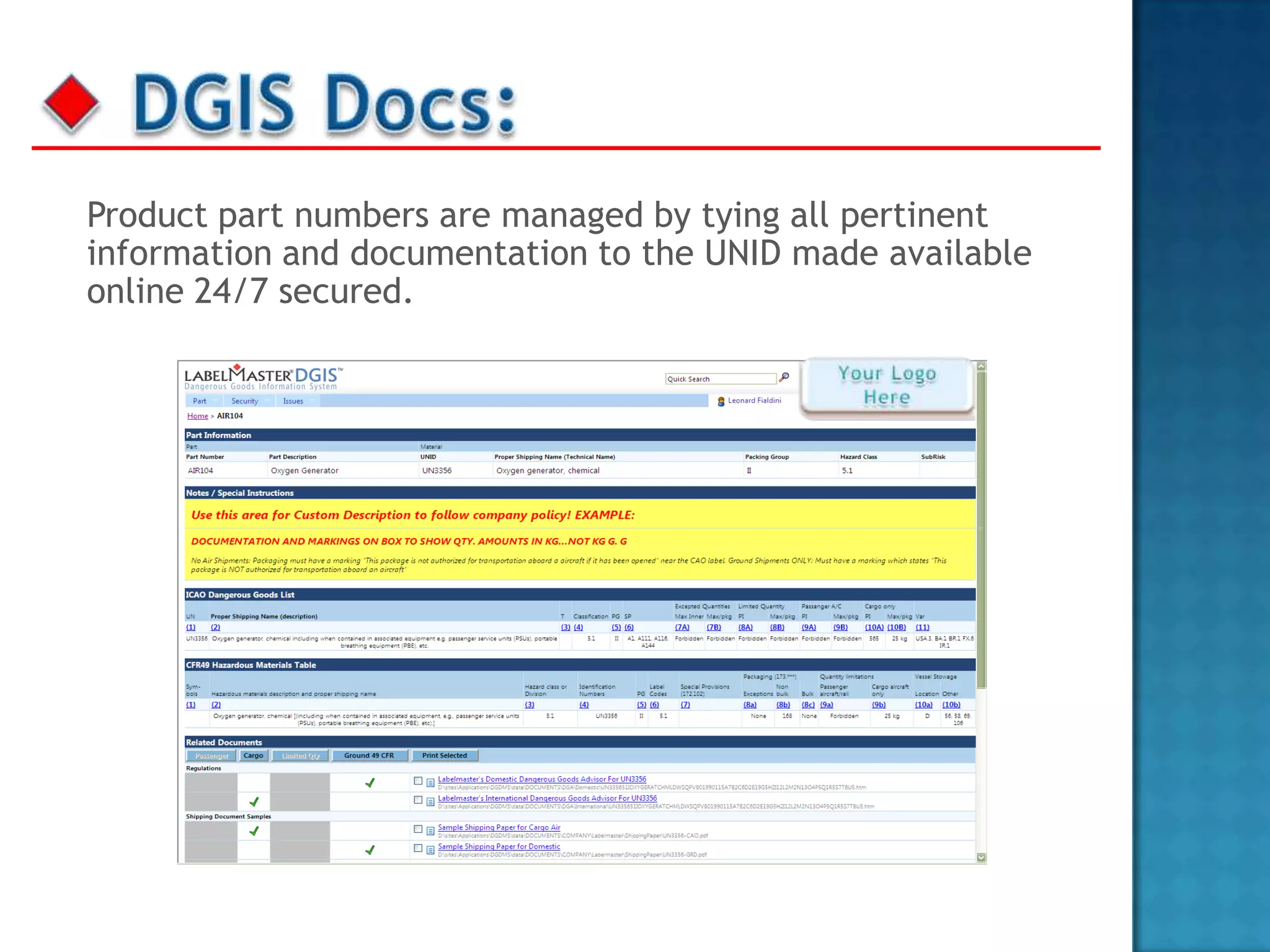 Product part numbers are managed by tying all pertinent
information and documentation to the UNID made available
online 24/7 secured.
 