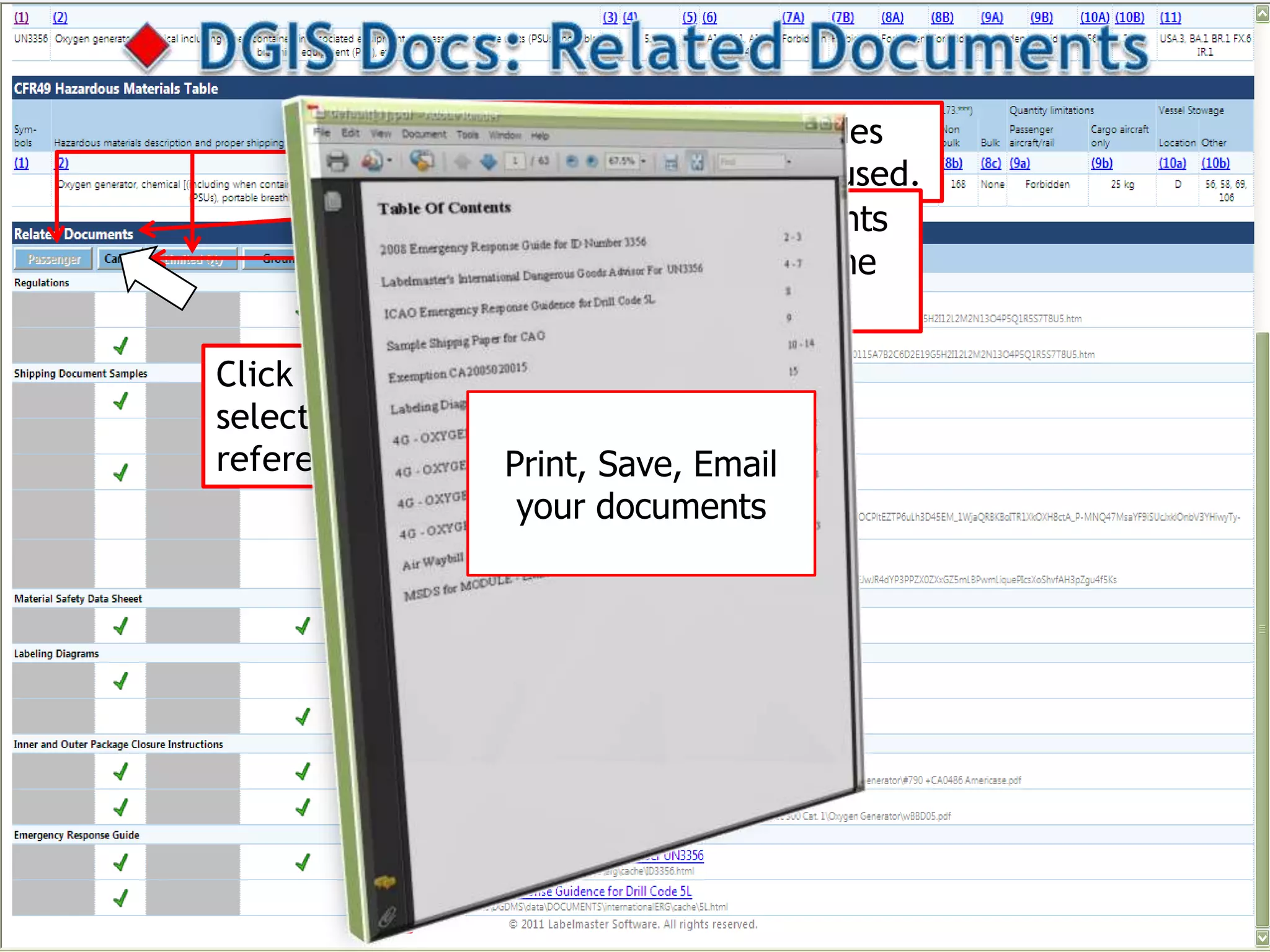 Passenger & Limited Quantity modes
     are grayed out as they cannot be used.
       Related Documents: All documents
       and diagrams which pertain to the
       selected part.
Click on the Cargo button to
select all Cargo Aircraft Only
reference documents. Save, Email
                   Print,
                    your documents
 