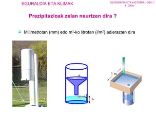 Prezipitazioak zelan neurtzen dira ?   Milimetrotan (mm) edo m 2 -ko litrotan (l/m 2 ) adierazten dira 
