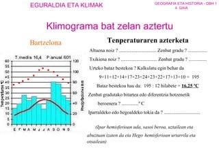 Bartzelona Tenperaturaren azterketa Altuena noiz ? ............................... Zenbat gradu ? ................ Txikiena noiz ? .............................. Zenbat gradu ? ............... Urteko bataz bestekoa ? Kalkulatu egin behar da 9+11+12+14+17+23+24+23+22+17+13+10 =  195  Bataz bestekoa hau da:  195 : 12 hilabete =  16,25 ºC Zenbat gradutako bitartea edo diferentzia hotzenetik  beroenera ? ..............º C   Iparraldeko edo hegoaldeko tokia da ? ..............................  (Ipar hemisferioan uda, sasoi beroa, uztailean eta abuztuan izaten da eta Hego   hemisferioan urtarrila eta otsailean) Klimograma bat zelan aztertu 