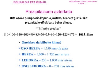 Urte osoko prezipitazio kopurua jakiteko, hilabete guztietako prezipitazio-zifrak batu behar ditugu . “  Bilboko eredua “ 110+100+110+105+90+85+50+55+90+120+125+175 =  1015  litro Onolakoa da bilboko klima? OSO HEZEA  – 1.750 mm-tik gora HEZEA  – 1.000 – 1.750 mm artean LEHORRA  – 250 – 1.000 mm artean OSO LEHORRA  – 0 – 250 mm artean Prezipitazioen azterketa 