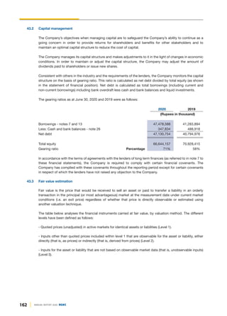 162 ANNUAL REPORT 2020 DGKC
43.2 Capital management
The Company’s objectives when managing capital are to safeguard the Company’s ability to continue as a
going concern in order to provide returns for shareholders and benefits for other stakeholders and to
maintain an optimal capital structure to reduce the cost of capital.
The Company manages its capital structure and makes adjustments to it in the light of changes in economic
conditions. In order to maintain or adjust the capital structure, the Company may adjust the amount of
dividends paid to shareholders or issue new shares.
Consistent with others in the industry and the requirements of the lenders, the Company monitors the capital
structure on the basis of gearing ratio. This ratio is calculated as net debt divided by total equity (as shown
in the statement of financial position). Net debt is calculated as total borrowings (including current and
non-current borrowings) including bank overdraft less cash and bank balances and liquid investments.
The gearing ratios as at June 30, 2020 and 2019 were as follows:
2020 2019
(Rupees in thousand)
Borrowings - notes 7 and 13 47,478,588 41,283,894
Less: Cash and bank balances - note 26 347,834 488,918
Net debt 47,130,754 40,794,976
Total equity 66,644,157 70,928,415
Gearing ratio Percentage 71% 58%
In accordance with the terms of agreements with the lenders of long term finances (as referred to in note 7 to
these financial statements), the Company is required to comply with certain financial covenants. The
Company has complied with these covenants throughout the reporting period except for certain covenants
in respect of which the lenders have not raised any objection to the Company.
43.3 Fair value estimation
Fair value is the price that would be received to sell an asset or paid to transfer a liability in an orderly
transaction in the principal (or most advantageous) market at the measurement date under current market
conditions (i.e. an exit price) regardless of whether that price is directly observable or estimated using
another valuation technique.
The table below analyses the financial instruments carried at fair value, by valuation method. The different
levels have been defined as follows:
- Quoted prices (unadjusted) in active markets for identical assets or liabilities (Level 1).
- Inputs other than quoted prices included within level 1 that are observable for the asset or liability, either
directly (that is, as prices) or indirectly (that is, derived from prices) (Level 2).
- Inputs for the asset or liability that are not based on observable market data (that is, unobservable inputs)
(Level 3).
 