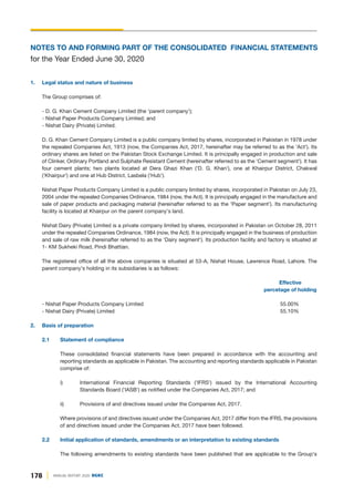 178 ANNUAL REPORT 2020 DGKC
1. Legal status and nature of business
The Group comprises of:
- D. G. Khan Cement Company Limited (the 'parent company');
- Nishat Paper Products Company Limited; and
- Nishat Dairy (Private) Limited.
D. G. Khan Cement Company Limited is a public company limited by shares, incorporated in Pakistan in 1978 under
the repealed Companies Act, 1913 (now, the Companies Act, 2017, hereinafter may be referred to as the 'Act'). Its
ordinary shares are listed on the Pakistan Stock Exchange Limited. It is principally engaged in production and sale
of Clinker, Ordinary Portland and Sulphate Resistant Cement (hereinafter referred to as the 'Cement segment'). It has
four cement plants; two plants located at Dera Ghazi Khan ('D. G. Khan'), one at Khairpur District, Chakwal
('Khairpur') and one at Hub District, Lasbela ('Hub').
Nishat Paper Products Company Limited is a public company limited by shares, incorporated in Pakistan on July 23,
2004 under the repealed Companies Ordinance, 1984 (now, the Act). It is principally engaged in the manufacture and
sale of paper products and packaging material (hereinafter referred to as the 'Paper segment'). Its manufacturing
facility is located at Khairpur on the parent company's land.
Nishat Dairy (Private) Limited is a private company limited by shares, incorporated in Pakistan on October 28, 2011
under the repealed Companies Ordinance, 1984 (now, the Act). It is principally engaged in the business of production
and sale of raw milk (hereinafter referred to as the 'Dairy segment'). Its production facility and factory is situated at
1- KM Sukheki Road, Pindi Bhattian.
The registered office of all the above companies is situated at 53-A, Nishat House, Lawrence Road, Lahore. The
parent company's holding in its subsidiaries is as follows:
Effective
percetage of holding
- Nishat Paper Products Company Limited 55.00%
- Nishat Dairy (Private) Limited 55.10%
2. Basis of preparation
2.1 Statement of compliance
These consolidated financial statements have been prepared in accordance with the accounting and
reporting standards as applicable in Pakistan. The accounting and reporting standards applicable in Pakistan
comprise of:
i) International Financial Reporting Standards ('IFRS') issued by the International Accounting
Standards Board ('IASB') as notified under the Companies Act, 2017; and
ii) Provisions of and directives issued under the Companies Act, 2017.
Where provisions of and directives issued under the Companies Act, 2017 differ from the IFRS, the provisions
of and directives issued under the Companies Act, 2017 have been followed.
2.2 Initial application of standards, amendments or an interpretation to existing standards
The following amendments to existing standards have been published that are applicable to the Group's
NOTES TO AND FORMING PART OF THE CONSOLIDATED FINANCIAL STATEMENTS
for the Year Ended June 30, 2020
 