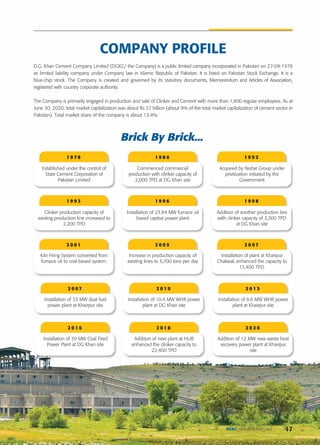 17
DGKC ANNUAL REPORT 2020
2 0 0 7
Installation of 33 MW dual fuel
power plant at Khairpur site
2 0 1 0
Installation of 10.4 MW WHR power
plant at DG Khan site
2 0 1 3
Installation of 8.6 MW WHR power
plant at Khairpur site
2 0 1 6
Installation of 30 MW Coal Fired
Power Plant at DG Khan site
2 0 1 8
Addition of new plant at HUB
enhanced the clinker capacity to
22,400 TPD
2 0 2 0
Addition of 12 MW new waste heat
recovery power plant at Khairpur
site
1 9 7 8
Established under the control of
State Cement Corporation of
Pakistan Limited
1 9 8 6
Commenced commercial
production with clinker capacity of
2,000 TPD at DG Khan site
1 9 9 2
Acquired by Nishat Group under
privitization initiated by the
Government
1 9 9 3
Clinker production capacity of
existing production line increased to
2,200 TPD
1 9 9 6
Installation of 23.84 MW furnace oil
based captive power plant
1 9 9 8
Addition of another production line
with clinker capacity of 3,300 TPD
at DG Khan site
2 0 0 1
Kiln Firing System converted from
furnace oil to coal-based system.
2 0 0 5
Increase in production capacity of
existing lines to 6,700 tons per day
2 0 0 7
Installation of plant at Khairpur
Chakwal, enhanced the capacity to
13,400 TPD.
Brick By Brick...
D.G. Khan Cement Company Limited (DGKC/ the Company) is a public limited company incorporated in Pakistan on 27-09-1978
as limited liability company under Company law in Islamic Republic of Pakistan. It is listed on Pakistan Stock Exchange. It is a
blue-chip stock. The Company is created and governed by its statutory documents, Memorandum and Articles of Association,
registered with country corporate authority.
The Company is primarily engaged in production and sale of Clinker and Cement with more than 1,800 regular employees. As at
June 30, 2020; total market capitalization was about Rs 37 billion (about 9% of the total market capitalization of cement sector in
Pakistan). Total market share of the company is about 13.4%.
COMPANY PROFILE
 