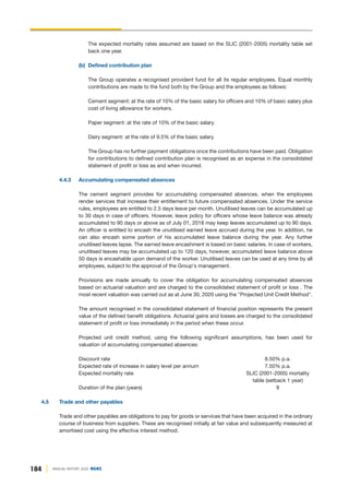 184 ANNUAL REPORT 2020 DGKC
The expected mortality rates assumed are based on the SLIC (2001-2005) mortality table set
back one year.
(b) Defined contribution plan
The Group operates a recognised provident fund for all its regular employees. Equal monthly
contributions are made to the fund both by the Group and the employees as follows:
Cement segment: at the rate of 10% of the basic salary for officers and 10% of basic salary plus
cost of living allowance for workers.
Paper segment: at the rate of 10% of the basic salary.
Dairy segment: at the rate of 9.5% of the basic salary.
The Group has no further payment obligations once the contributions have been paid. Obligation
for contributions to defined contribution plan is recognised as an expense in the consolidated
statement of profit or loss as and when incurred.
4.4.3 Accumulating compensated absences
The cement segment provides for accumulating compensated absences, when the employees
render services that increase their entitlement to future compensated absences. Under the service
rules, employees are entitled to 2.5 days leave per month. Unutilised leaves can be accumulated up
to 30 days in case of officers. However, leave policy for officers whose leave balance was already
accumulated to 90 days or above as of July 01, 2018 may keep leaves accumulated up to 90 days.
An officer is entitled to encash the unutilised earned leave accrued during the year. In addition, he
can also encash some portion of his accumulated leave balance during the year. Any further
unutilised leaves lapse. The earned leave encashment is based on basic salaries. In case of workers,
unutilised leaves may be accumulated up to 120 days, however, accumulated leave balance above
50 days is encashable upon demand of the worker. Unutilised leaves can be used at any time by all
employees, subject to the approval of the Group's management.
Provisions are made annually to cover the obligation for accumulating compensated absences
based on actuarial valuation and are charged to the consolidated statement of profit or loss . The
most recent valuation was carried out as at June 30, 2020 using the "Projected Unit Credit Method".
The amount recognised in the consolidated statement of financial position represents the present
value of the defined benefit obligations. Actuarial gains and losses are charged to the consolidated
statement of profit or loss immediately in the period when these occur.
Projected unit credit method, using the following significant assumptions, has been used for
valuation of accumulating compensated absences:
Discount rate 8.50% p.a.
Expected rate of increase in salary level per annum 7.50% p.a.
Expected mortality rate SLIC (2001-2005) mortality
table (setback 1 year)
Duration of the plan (years) 9
4.5 Trade and other payables
Trade and other payables are obligations to pay for goods or services that have been acquired in the ordinary
course of business from suppliers. These are recognised initially at fair value and subsequently measured at
amortised cost using the effective interest method.
 