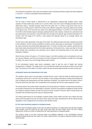 The method for calculation of fair value and valuation inputs including sensitivity analysis has been explained
in note 20.1.1 to these consolidated financial statements.
Biological assets
The fair value of these assets is determined by an independent professionally qualified valuer. Latest
valuation of these assets was carried out on June 30, 2020. Level 3 fair value of Biological assets has been
determined using a standard average values from the heifer with 14 months of age (time where can be
pregnant) as a starting point to define the values of the different categories of growing cattle and according
to the age of cows. From this point, the value of the cattle ageing between 14 months to 24 months (where
24 months is the theoretical age of calving) by adding the feed costs, salaries, medical cost, operational cost
and insemination cost required, to raise the heifer from this age to the specific age of calving calculated in 24
months. From this stage of 24 months, it also obtains the disposal values for an average mature cow
according to age.
The fair value is also dependent on the age of the cattle. The milking animals have been classified according
to their lactations. As the number of lactations increase, the fair value keeps on decreasing. To calculate the
fair value of growing and small cattles ageing less than 14 months, the feed costs, salaries, operational and
land rental costs are subtracted from the model used above. At the same time, a value was fixed on the calf
heifer recently born according to the estimation and in relation with referential values of the similar cattle
breeding in Pakistan.
When the cow arrives at 6 years i.e. 72 months of age or more (5th Lactation) and is considered an old cow
as is usual in Pakistan, and if the cow remains in the farm because she is profitable, normally this is the stage
of culling. The value of cow at this stage shall be kept constant.
To the international market value prices considered, need to add the cost of freight and internal
transportation in Pakistan. The cattle prices in the international market has remained constant over the past
year. The demand of the cattle in the Asian market has also remained approximately the same as last year.
a) Valuation inputs and relationship to fair value
The valuation inputs used in the calculation includes the farm cost to raise the heifer (as starting point) and
according to actual cost in the farm and the analysis of the average international market prices adding the
cost of shipping and transportation and other expenses to Pakistan. The market value of the heifers if sold in
the local market was also taken into consideration and compared with the fair values assigned to them.
The actual value of the similar heifers imported by the Group placed in Pakistan is determined according to
the quotation obtained from the cattle dealer's importers. However, the quotations available for these animals
are usually for pregnant heifers and with the insurance factor covered in the price. Both of these factors are
excluded when ascertaining the fair value of milking animals.
The milking performance for the Australian imported heifers, Dutch heifers and farm born heifers has been
almost same throughout the year and hence same values have been ascertained for all the milking animals
regardless of their categories but according to their lactation levels.
b) Fair value sensitivity analysis for biological assets
If the fair value of biological assets, at the year end date fluctuates by 1% higher/lower with all other variables
held constant, post tax profit for the year would have been Rs 8.813 million (2019: Rs 8.274 million)
higher/lower mainly as a result of higher/lower fair value gain/(loss) on biological assets.
The carrying values of all other financial assets and liabilities reflected in the consolidated financial
statements approximate their fair values. Fair value is determined on the basis of objective evidence at each
reporting date.
244 ANNUAL REPORT 2020 DGKC
 