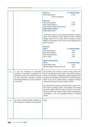 The Company has invested in 104.167 million shares with
Rs.10/- per share face value in NHPL. Since NHPL's ordinary
shares are not listed, an independent valuer engaged by the
company has estimated a fair value of Rs 13.95 per ordinary
share as at June 30, 2020 through a valuation technique
based on discounted cash flow analysis of NHPL.
The Company has previously provided NHPL a loan of Rs.
765 million as working capital. The Company has already
earned Rs. 209.6 million as mark-up income on said loan.
The price for this loan would increase, subject to approval by
shareholders, in line with prevailing situation of financial
market.
In case any investment in associated
company or associated undertaking has
already been made, the performance review
of such investment including complete
information/justification for any impairment
or write offs
Directors: % of Shareholding
Mian Raza Mansha 21.69
(Common Director)
Sponsors:
Mian Umer Mansha 21.82
Mian Hassan Mansha 21.82
Both brothers of Mian Raza Mansha.
Majority Shareholders
Nishat Mills Limited 7.40
The directors, sponsors and majority shareholders of Nishat
Hotels and Properties Limited (NHPL) and their relatives
holding shares of D. G. Khan Cement Company Limited
(DGKC) are interested to the extent of their shareholding in
DGKC as under:-
Directors:
Name: % of Shareholding
Mian Raza Mansha 2.90
Mian Umer Mansha 6.23
Mian Hassan Mansha 6.14
Mr. I.U. Niazi 0.00
Majority Shareholders
Name: % of Shareholding
Nishat Mills Limited 31.40
Security General Insurance Co. Ltd. 0.05
(vi)
None
Any other important details necessary for
the members to understand the transaction
(vii)
262 ANNUAL REPORT 2020 DGKC
 