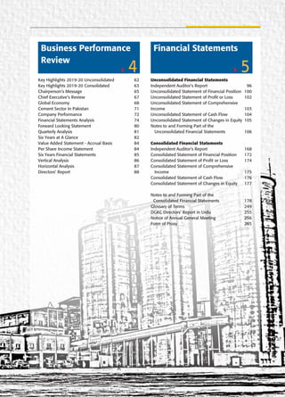 Key Highlights 2019-20 Unconsolidated 62
Key Highlights 2019-20 Consolidated 63
Chairperson’s Message 65
Chief Executive’s Review 67
Global Economy 68
Cement Sector In Pakistan 71
Company Performance 72
Financial Statements Analysis 74
Forward Looking Statement 80
Quarterly Analysis 81
Six Years at A Glance 82
Value Added Statement - Accrual Basis 84
Per Share Income Statement 84
Six Years Financial Statements 85
Vertical Analysis 86
Horizontal Analysis 87
Directors’ Report 88
4
Business Performance
Review
Unconsolidated Financial Statements
Independent Auditor’s Report 96
Unconsolidated Statement of Financial Position 100
Unconsolidated Statement of Profit or Loss 102
Unconsolidated Statement of Comprehensive
Income 103
Unconsolidated Statement of Cash Flow 104
Unconsolidated Statement of Changes in Equity 105
Notes to and Forming Part of the
Unconsolidated Financial Statements 106
Consolidated Financial Statements
Independent Auditor’s Report 168
Consolidated Statement of Financial Position 172
Consolidated Statement of Profit or Loss 174
Consolidated Statement of Comprehensive
Income 175
Consolidated Statement of Cash Flow 176
Consolidated Statement of Changes in Equity 177
Notes to and Forming Part of the
Consolidated Financial Statements 178
Glossary of Terms 249
DGKC Directors’ Report in Urdu 255
Notice of Annual General Meeting 256
Form of Proxy 265
5
Financial Statements
 