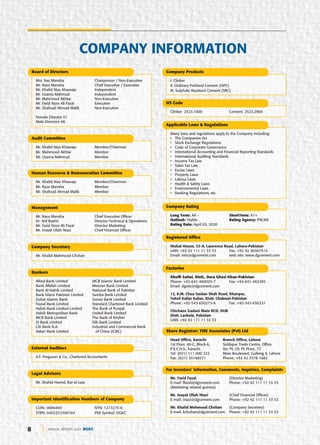 8 ANNUAL REPORT 2020 DGKC
Mrs. Naz Mansha Chairperson / Non-Executive
Mr. Raza Mansha Chief Executive / Executive
Mr. Khalid Niaz Khawaja Independent
Mr. Usama Mahmud Independent
Mr. Mahmood Akhtar Non-Executive
Mr. Farid Noor Ali Fazal Executive
Mr. Shahzad Ahmad Malik Non-Executive
Female Director 01
Male Directors 06
Board of Directors
Allied Bank Limited MCB Islamic Bank Limited
Bank Alfalah Limited Meezan Bank Limited
Bank Al-Habib Limited National Bank of Pakistan
Bank Islami Pakistan Limited Samba Bank Limited
Dubai Islamic Bank Soneri Bank Limited
Faysal Bank Limited Standard Chartered Bank Limited
Habib Bank Limited Limited The Bank of Punjab
Habib Metropolitan Bank United Bank Limited
MCB Bank Limited The Bank of Khyber
JS Bank Limited Silk Bank Limited
Citi Bank N.A. Industrial and Commercial Bank
Askari Bank Limited of China (ICBC)
Bankers
Mr. Khalid Niaz Khawaja Member/Chairman
Mr. Mahmood Akhtar Member
Mr. Usama Mahmud Member
Audit Committee
CUIN: 0006469 NTN: 1213275-6
STRN: 0402252300164 PSX Symbol: DGKC
Important Identification Numbers of Company
Mr. Khalid Niaz Khawaja Member/Chairman
Mr. Raza Mansha Member
Mr. Shahzad Ahmad Malik Member
Human Resource & Remuneration Committee
Mr. Raza Mansha Chief Executive Officer
Dr. Arif Bashir Director Technical & Operations
Mr. Farid Noor Ali Fazal Director Marketing
Mr. Inayat Ullah Niazi Chief Financial Officer
Management
Mr. Khalid Mahmood Chohan
Company Secretary
A.F. Ferguson & Co., Chartered Accountants
External Auditors
Mr. Shahid Hamid, Bar-at-Law
Legal Advisors
Many laws and regulations apply to the Company including:
• The Companies Act
• Stock Exchange Regulations
• Code of Corporate Governance
• International Accounting and Financial Reporting Standards
• International Auditing Standards
• Income Tax Law
• Sales Tax Law
• Excise Laws
• Property Laws
• Labour Laws
• Health & Safety Laws
• Environmental Laws
• Banking Regulations, etc.
Applicable Laws & Regulations
Head Office, Karachi Branch Office, Lahore
1st Floor, 40-C, Block-6, Siddique Trade Centre, Office
P.E.C.H.S., Karachi. No. PL-29, PL Floor, 72
Tel: (021) 111 000 322 Main Boulevard, Gulberg II, Lahore
Fax: (021) 34168271 Phone: +92 42 3578 1682
Share Registrar: THK Associates (Pvt) Ltd
Mr. Farid Fazal (Director Marketing)
E-mail: ffazal@dgcement.com Phone: +92 42 111 11 33 33
(Marketing related queries)
Mr. Inayat Ullah Niazi (Chief Financial Officer)
E-mail: iniazi@dgcement.com Phone: +92 42 111 11 33 33
Mr. Khalid Mehmood Chohan (Company Secretary)
E-mail: kchohan@dgcement.com Phone: +92 42 111 11 33 33
For Investors’ Information, Comments, Inquiries, Complaints
I. Clinker
II. Ordinary Portland Cement (OPC)
III. Sulphate Resistant Cement (SRC)
Company Products
Long Term: AA - ShortTerm: A1+
Outlook: Stable Rating Agency: PACRA
Rating Date: April 03, 2020
Company Rating
Nishat House, 53-A, Lawrence Road, Lahore-Pakistan
UAN: +92 42 111 11 33 33 Fax: +92 42 36367414
Email: info@dgcement.com web site: www.dgcement.com
Registered Office
Khofli Sattai, Distt., Dera Ghazi Khan-Pakistan
Phone: +92-641-460025-7 Fax: +92-641-462392
Email: dgsite@dgcement.com
12, K.M. Choa Saidan Shah Road, Khairpur,
Tehsil Kallar Kahar, Distt. Chakwal-Pakistan
Phone: +92-543-650215-8 Fax: +92-543-650231
Chichaee Gadani Main RCD, HUB
Distt. Lasbela, Pakistan
UAN: +92 42 111 11 33 33
Factories
Clinker: 2523.1000 Cement: 2523.2900
HS Code
COMPANY INFORMATION
 