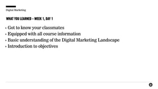 Digital Marketing
WHAT YOU LEARNED - WEEK 1, DAY 1
‣ Got to know your classmates
‣ Equipped with all course information
‣ Basic understanding of the Digital Marketing Landscape
‣ Introduction to objectives
 