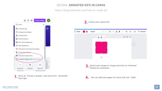 1. Click on “Create a design” and search for “animated”
Top right
3. Select your shape or image and click on “Animate”
Cho...