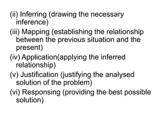 (ii) Inferring (drawing the necessary
inference)
(iii) Mapping (establishing the relationship
between the previous situation and the
present)
(iv) Application(applying the inferred
relationship)
(v) Justification (justifying the analysed
solution of the problem)
(vi) Responsing (providing the best possible
solution)
 
