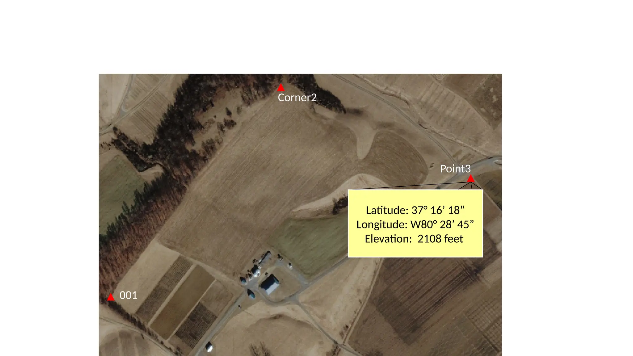 Waypoints
001
Corner2
Point3
Latitude: 37° 16’ 18”
Longitude: W80° 28’ 45”
Elevation: 2108 feet
 