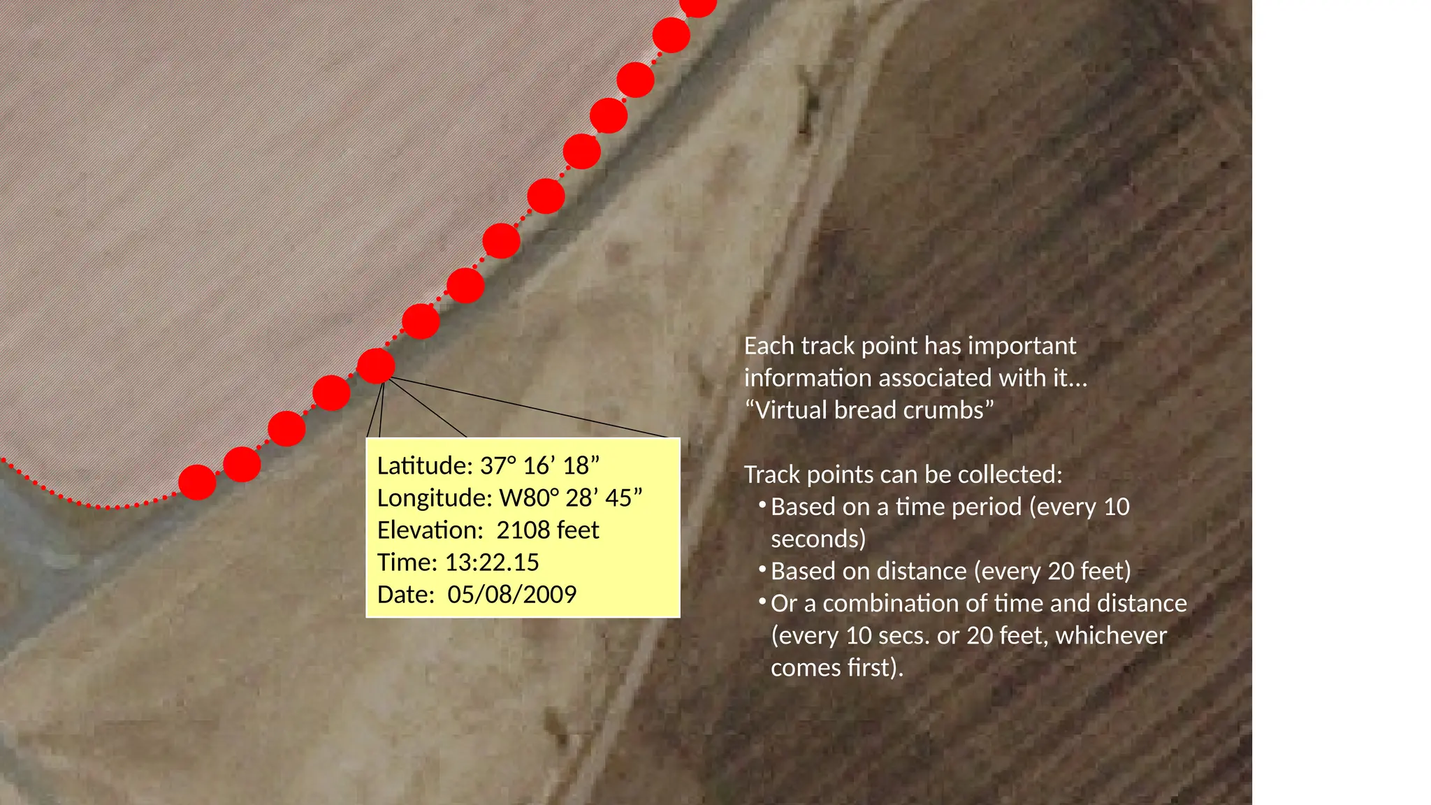 Tracks
(just start walking…)
Latitude: 37° 16’ 18”
Longitude: W80° 28’ 45”
Elevation: 2108 feet
Time: 13:22.15
Date: 05/08/2009
Each track point has important
information associated with it...
“Virtual bread crumbs”
Track points can be collected:
•Based on a time period (every 10
seconds)
•Based on distance (every 20 feet)
•Or a combination of time and distance
(every 10 secs. or 20 feet, whichever
comes first).
 