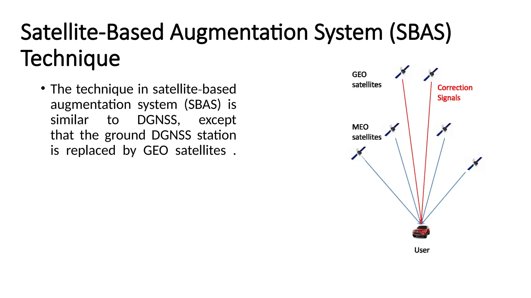 Satellite‐Based Augmentation System (SBAS)
Technique
• The technique in satellite based
‐
augmentation system (SBAS) is
similar to DGNSS, except
that the ground DGNSS station
is replaced by GEO satellites .
 