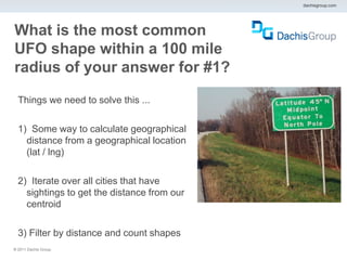 dachisgroup.com




What is the most common
UFO shape within a 100 mile
radius of your answer for #1?

  Things we need to solve this ...

  1) Some way to calculate geographical
    distance from a geographical location
    (lat / lng)

  2) Iterate over all cities that have
    sightings to get the distance from our
    centroid

  3) Filter by distance and count shapes
® 2011 Dachis Group.
 