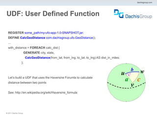dachisgroup.com




UDF: User Defined Function

  REGISTER some_path/my-ufo-app-1.0-SNAPSHOT.jar;
  DEFINE CalcGeoDistance com.dachisgroup.ufo.GeoDistance();
  ...
  with_distance = FOREACH calc_dist {
                   GENERATE city, state,
                       CalcGeoDistance(from_lat, from_lng, to_lat, to_lng) AS dist_in_miles;
                 };



  Let’s build a UDF that uses the Haversine Forumla to calculate
  distance between two points


  See: http://en.wikipedia.org/wiki/Haversine_formula




® 2011 Dachis Group.
 
