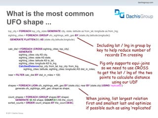 dachisgroup.com




What is the most common
UFO shape ...
  top_city = FOREACH top_city_state GENERATE city, state, latitude as from_lat, longitude as from_lng;
  sighting_cities = FOREACH (GROUP ufo_sightings_with_geo BY (state,city,latitude,longitude))
    GENERATE FLATTEN($0) AS (state,city,latitude,longitude);

                                                                                           Including lat / lng in group by
  calc_dist = FOREACH (CROSS sighting_cities, top_city)
            GENERATE                                                                       key to help reduce number of
            sighting_cities::city AS city,                                                     records I’m crossing
            sighting_cities::state AS state,
            sighting_cities::latitude AS to_lat,
            sighting_cities::longitude AS to_lng,                                           Pig only supports equi-joins
                                                                                             so we need to use CROSS
            CalcGeoDistance(top_city::from_lat, top_city::from_lng,
                sighting_cities::latitude, sighting_cities::longitude) AS dist_in_miles;

  near = FILTER calc_dist BY dist_in_miles < 100;
                                                                                           to get the lat / lng of the two
                                                                                            points to calculate distance
                                                                                                   using our UDF
  shapes = FOREACH (JOIN ufo_sightings_with_geo BY (state,city), near BY (state,city) USING ‘replicated’)
        generate ufo_sightings_with_geo::shape as shape;


  count_shapes = FOREACH (GROUP shapes BY shape)
        GENERATE $0 AS shape, COUNT($1) AS the_count;                         When joining, list largest relation
  sorted_counts = ORDER count_shapes BY the_count DESC;                       first and smallest last and optimize
                                                                              if possible such as using ‘replicated’
® 2011 Dachis Group.
 
