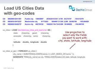 dachisgroup.com




 Load US Cities Data
 with geo-codes
CO      0862000 02411501            Pueblo city    138930097   2034229 53.641 0.785 38.273147     -104.612378
CO      0883835 02412237             Westminster city    81715203      5954681 31.550 2.299 39.882190   -105.064426
CO      0804000 02409757             Aurora city   400759192   1806832 154.734 0.698 39.688002    -104.689740


us_cities = LOAD ’dev/data/usa_cities_and_towns.tsv' AS (
                     state:      chararray,   geoid:     chararray,                   Use projection to
                     ansicode:     chararray, name:       chararray,                select only the fields
                     ....
                                                                                   you want to work with:
                     latitude:    double, longitude: double
                                                                               city, state, latitude, longitude
                 );


us_cities_w_geo = FOREACH us_cities {
                  city_name = SUBSTRING(LOWER(name), 0, LAST_INDEX_OF(name,' '));
                  GENERATE TRIM(city_name) as city, TRIM(LOWER(state)) AS state, latitude, longitude;
                };



 ® 2011 Dachis Group.
 