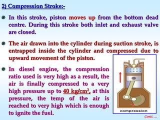 2) Compression Stroke:2) Compression Stroke:--
In this stroke, pistonIn this stroke, piston moves upmoves up from the bottom deadfrom the bottom dead
centre. During this stroke both inlet and exhaust valvecentre. During this stroke both inlet and exhaust valve
are closed.are closed.
The air drawn into the cylinder during suction stroke, isThe air drawn into the cylinder during suction stroke, is
entrapped inside the cylinder and compressed due toentrapped inside the cylinder and compressed due to
upward movement of the piston.upward movement of the piston.
Conti….
In diesel engine, the compressionIn diesel engine, the compression
ratio used is very high as a result, theratio used is very high as a result, the
air is finally compressed to a veryair is finally compressed to a very
high pressure up tohigh pressure up to 40 kg/cm40 kg/cm22
,, at thisat this
pressure, the temp of the air ispressure, the temp of the air is
reached to very high which is enoughreached to very high which is enough
to ignite the fuel.to ignite the fuel.
 