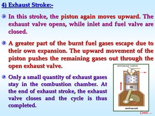 4) Exhaust Stroke:4) Exhaust Stroke:--
In this stroke, theIn this stroke, the piston again moves upwardpiston again moves upward. The. The
exhaust valve opens, while inlet and fuel valve areexhaust valve opens, while inlet and fuel valve are
closed.closed.
A greater part of the burnt fuel gases escape due toA greater part of the burnt fuel gases escape due to
their own expansion. The upward movement of thetheir own expansion. The upward movement of the
piston pushes the remaining gases out through thepiston pushes the remaining gases out through the
open exhaust valve.open exhaust valve.
Conti….
Only a small quantity of exhaust gasesOnly a small quantity of exhaust gases
stay in the combustion chamber. Atstay in the combustion chamber. At
the end of exhaust stroke, the exhaustthe end of exhaust stroke, the exhaust
valve closes and the cycle is thusvalve closes and the cycle is thus
completed.completed.
 