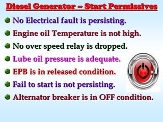 No Electrical fault is persisting.No Electrical fault is persisting.
Engine oil Temperature is not high.Engine oil Temperature is not high.
No over speed relay is dropped.No over speed relay is dropped.
Lube oil pressure is adequate.Lube oil pressure is adequate.
EPB is in released condition.EPB is in released condition.
Fail to start is not persisting.Fail to start is not persisting.
Alternator breaker is in OFF condition.Alternator breaker is in OFF condition.
Diesel GeneratorDiesel Generator –– Start PermissivesStart Permissives
 