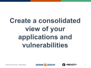 © 2016 Denim Group, Prevoty – All Rights Reserved
Create a consolidated
view of your
applications and
vulnerabilities
5
 