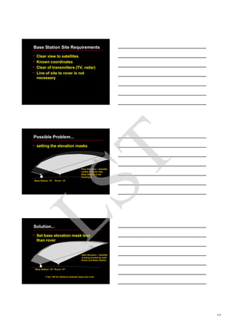 12
Base Station Site Requirements
• Clear view to satellites
• Known coordinates
• Clear of transmitters (TV, radar)
• Line of site to rover is not
necessary
Base Station: 15° Rover: 15°
Poor Situation – Satellite
visible to Rover only.
Base Station is not
tracking it.
Possible Problem...
• setting the elevation masks
1°per 100 km distance between base and rover
Base Station: 10° Rover: 15°
Ideal Situation – Satellite
is being tracked by both
Rover and Base Station.
Solution...
• Set base elevation mask less
than rover
LST
 