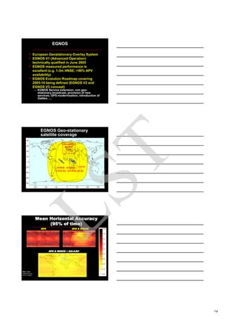 14
EGNOS
• European Geostationary Overlay System
• EGNOS V1 (Advanced Operation)
technically qualified in June 2005
• EGNOS measured performance is
excellent (e.g. 1-3m HNSE; >99% APV
availability)
• EGNOS Evolution Roadmap covering
2005-10 being defined (EGNOS V2 and
EGNOS V3 concept)
– EGNOS Service extension, non geo-
stationary broadcast, provision of new
services, GPS modernisation, introduction of
Galileo…..
IOR-W
EGNOS Geo-stationary
satellite coverage
Mean Horizontal AccuracyMean Horizontal AccuracyMean Horizontal AccuracyMean Horizontal Accuracy
(95% of time)(95% of time)(95% of time)(95% of time)
GPSGPSGPSGPS GPS & EGNOSGPS & EGNOSGPS & EGNOSGPS & EGNOS
GPS & EGNOS + GALILEOGPS & EGNOS + GALILEOGPS & EGNOS + GALILEOGPS & EGNOS + GALILEO
Note: single
frequency user,
error in meters.
LST
 