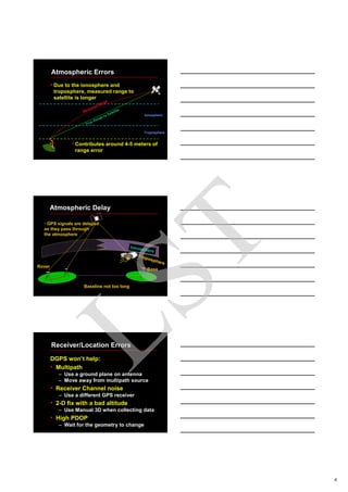 5
Atmospheric Errors
• Due to the ionosphere and
troposphere, measured range to
satellite is longer
True Range to SatelliteMeasured Range
Ionosphere
Troposphere
• Contributes around 4-5 meters of
range error
Atmospheric Delay
• GPS signals are delayed
as they pass through
the atmosphere
Ionosphere
Baseline not too long
Troposphere
Base
Rover
Receiver/Location Errors
DGPS won’t help:
• Multipath
– Use a ground plane on antenna
– Move away from multipath source
• Receiver Channel noise
– Use a different GPS receiver
• 2-D fix with a bad altitude
– Use Manual 3D when collecting data
• High PDOP
– Wait for the geometry to change
LST
 