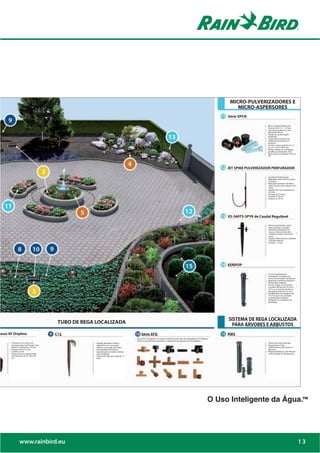 MICRO-PULVERIZADORES E
                                                                                                             MICRO-ASPERSORES
                                                                                                         Série XPCN

                                                                                                                               Pressão Xeri (1,4 – 3,5 bar)
                                                                                                                               plantação densa.

                                                                                                                               quadrado.

                                                                                                                               cobertura de extremo a
                                                                                                                               extremo.

                                                                                                                               m. 22,7, 45,4 e 90,9 l/hr.

                                                                                                                               polyflex, pulverizador, Xeri-
                                                                                                                               Pop, coluna emergente PVC ou
                                                                                                                               PE.




                                                                                                         JET SPIKE PULVERIZADOR PERFURADOR

                                                                                                                               Regulável sobre Estaca pronto
                                                                                                                               a instalar.
                                                                                                                               cobertura de solo e plantas em
                                                                                                                               vasos.
                                                                                                                               4-6 mm.




                                                                                                         XS-360TS-SPYK de Caudal Regulável

                                                                                                                               Estaca pronto a instalar.
                                                                                                                               massa, cobertura de solo,
                                                                                                                               canteiros anuais e flores em
                                                                                                                               vasos.
                                                                                                                               a tampa exterior.




                                                                                                         XERIPOP

                                                                                                                               emergente a integrar um
                                                                                                                               micro-pulverizador duradouro.
                                                                                                                               de formato irregular.

                                                                                                                               roscadas fêmeas de 16 mm e
                                                                                                                               3/4” ou a Conector de Rosca
                                                                                                                               Autoperfurante de 4-6 mm.

                                                                                                                               4-6 mm para ser colocada
                                                                                                                               e recolocada conforme
                                                                                                                               obriguem as condições de
                                                                                                                               plantação.




                                                                                                         SISTEMA DE REGA LOCALIZADA
                                         TUBO DE REGA LOCALIZADA                                           PARA ÁRVORES E ARBUSTOS
ores XF Dripline                        C12                                             Série XFD        RWS

      Compensação de Pressão mais                     segmento em curva para
      flexível e resistente a vincos.                 reforçar a inserção da estaca.                                           subterrâneos para árvores e
                                                                                                                               arbustos.
                                                      especial para encaixar a estaca
                                                      com facilidade.                                                          uniformidade de distribuição.
      de emissores de 33, 40 e 50
      cm.                                             tubo.




                                                                                                    O Uso Inteligente da Água.™




              www.rainbird.eu                                                                                                                                   13
 