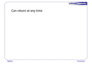 Can return at any time 
Python Functions 
 