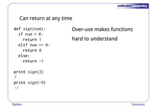 Can return at any time 
ddddeeeeffff sign(num): 
iiiiffff num > 0: 
Over-use makes functions 
rrrreeeettttuuuurrrrnnnn 1 hard to understand 
eeeelllliiiiffff num == 0: 
rrrreeeettttuuuurrrrnnnn 0 
eeeellllsssseeee:::: 
rrrreeeettttuuuurrrrnnnn -1 
pppprrrriiiinnnntttt sign(3) 
1 
pppprrrriiiinnnntttt sign(-9) 
-1 
Python Functions 
 