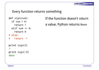 Every function returns something 
ddddeeeeffff sign(num): 
iiiiffff num > 0: 
If the function doesn't return 
rrrreeeettttuuuurrrrnnnn 1 a value, Python returns None 
eeeelllliiiiffff num == 0: 
rrrreeeettttuuuurrrrnnnn 0 
# eeeellllsssseeee:::: 
# rrrreeeettttuuuurrrrnnnn -1 
pppprrrriiiinnnntttt sign(3) 
1 
pppprrrriiiinnnntttt sign(-9) 
None 
Python Functions 
 