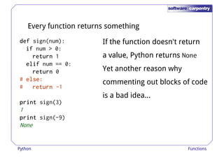 Every function returns something 
ddddeeeeffff sign(num): 
iiiiffff num > 0: 
If the function doesn't return 
rrrreeeettttuuuurrrrnnnn 1 a value, Python returns None 
eeeelllliiiiffff num == 0: 
rrrreeeettttuuuurrrrnnnn 0 
# eeeellllsssseeee:::: 
# rrrreeeettttuuuurrrrnnnn -1 
pppprrrriiiinnnntttt sign(3) 
Yet another reason why 
commenting out blocks of code 
is a bad idea... 
1 
pppprrrriiiinnnntttt sign(-9) 
None 
Python Functions 
 