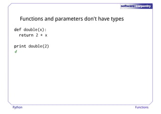 Functions and parameters don't have types 
ddddeeeeffff double(x): 
rrrreeeettttuuuurrrrnnnn 2 * x 
pppprrrriiiinnnntttt double(2) 
4 
Python Functions 
 