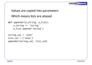 Values are copied into parameters 
Which means lists are aliased 
ddddddddeeeeeeeeffffffff aappppeennddeerr((aa__ssttrriinngg,, aa__lliisstt)):: 
a_string += 'turing' 
a_list.append('turing') 
string_val = 'alan' 
list_val = ['alan'] 
appender(string_val, list_val) 
Python Functions 
 