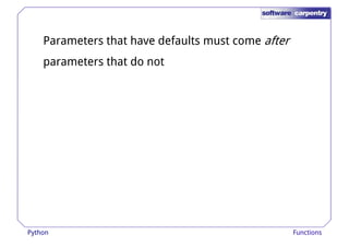 Parameters that have defaults must come after 
parameters that do not 
Python Functions 
 