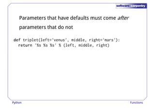 Parameters that have defaults must come after 
parameters that do not 
ddddeeeeffff triplet(left='venus', middle, right='mars'): 
rrrreeeettttuuuurrrrnnnn '%s %s %s' % (left, middle, right) 
Python Functions 
 